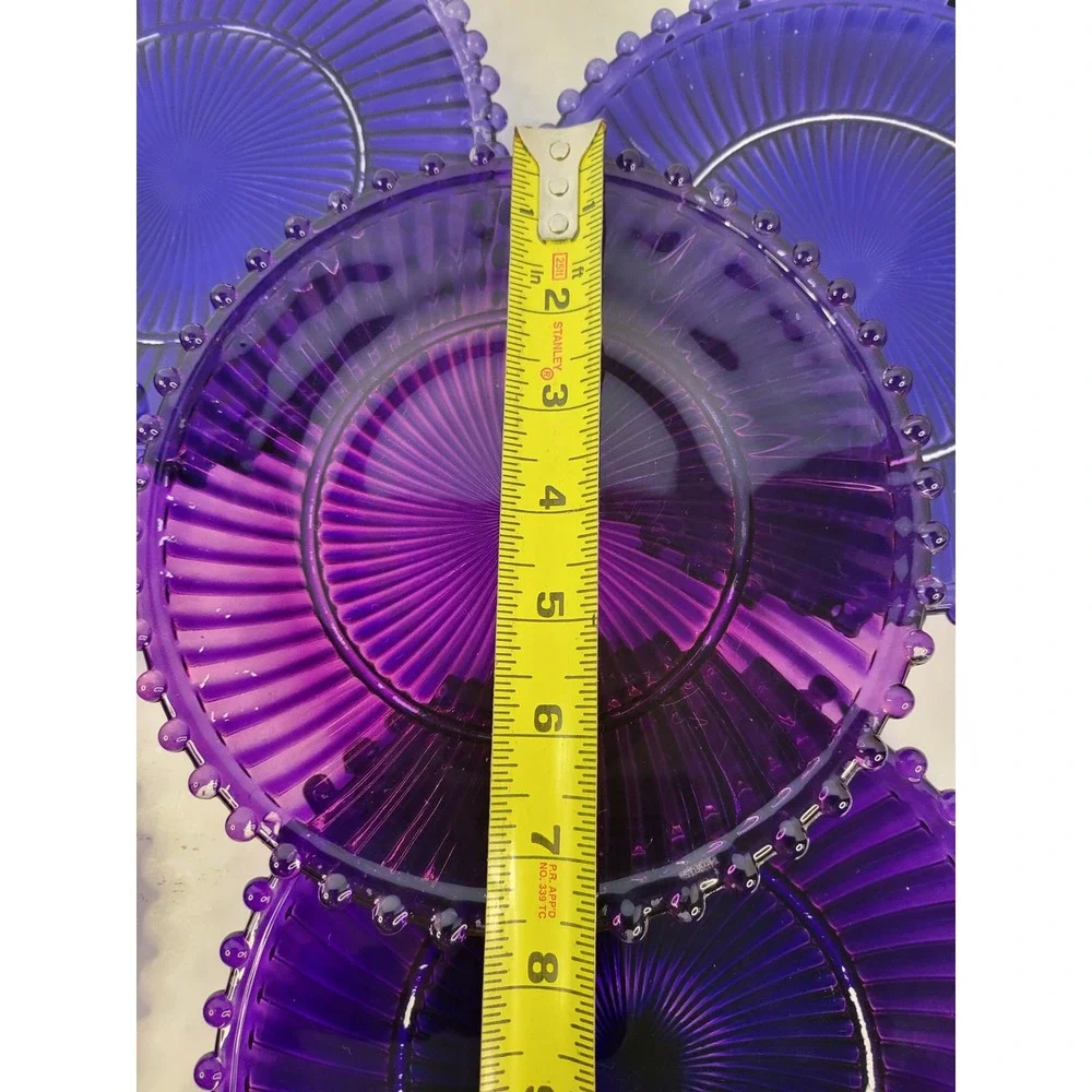 Purple Glass Salad Plates Set of 7 Beaded Rim Sunburst Ribbed Amethyst 8.25 inch
